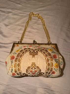 Cream Floral Embroidered Frame-Top Clutch with Gold Chain Strap